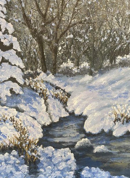 Akryl maleri Vinter vandløb i skov af Steen Hedegård malet i 2021