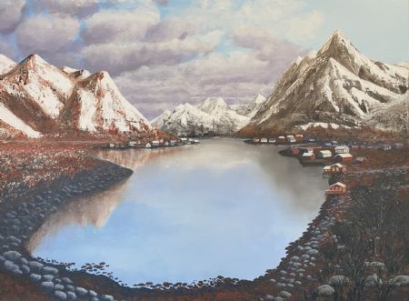Akryl maleri Alaska bjergsø af Steen Hedegård malet i 2019