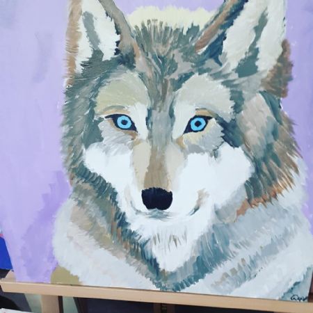 Akryl maleri Purple wolf af rie larsen malet i 2020