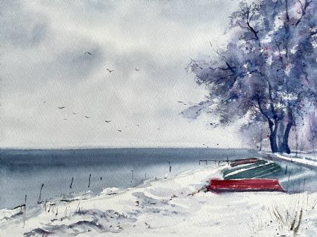 Akvarel maleri Vinterlandskab af Galina Landbo malet i 
