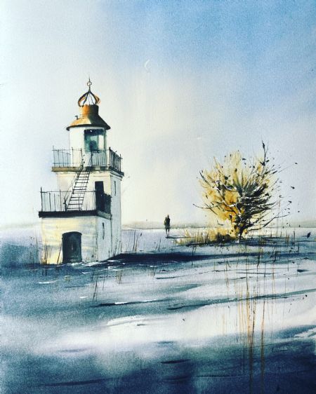 Akvarel maleri Fyrtårn af Eugenia Melamud malet i 2021