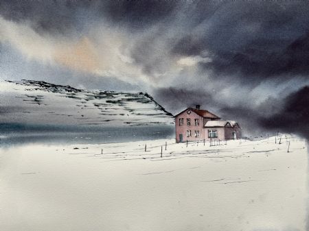 Akvarel maleri Huset Norge af Eugenia Melamud malet i 2022