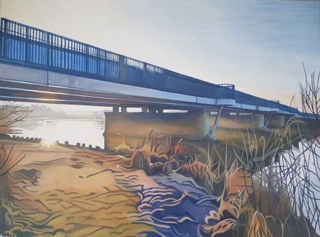 Olie maleri Sol under broen af Marie Fredborg Jungersen malet i 2022