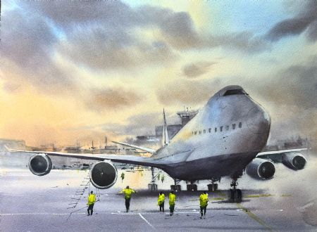 Akvarel maleri Lufthavnen af Eugenia Melamud malet i 2022