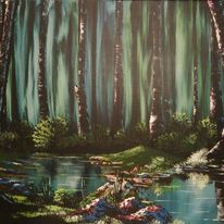 Akryl maleri Kølig skov af Biv malet i 2016