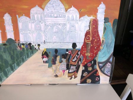 Akryl maleri Aftensol Taj Mahal af kirstenbente pedersen malet i 2020