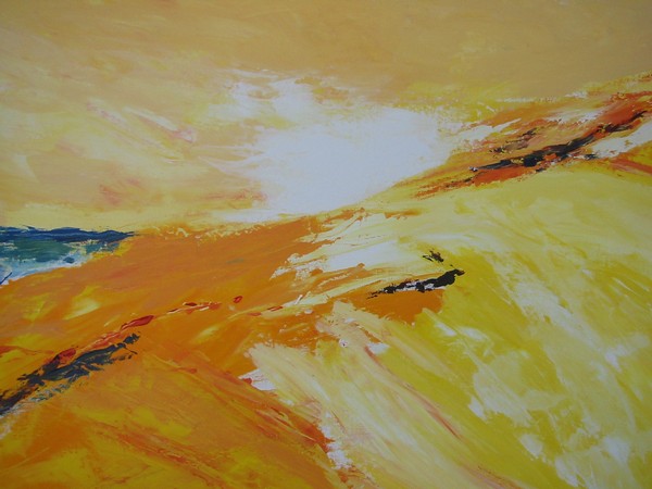 Akryl maleri gul strand af Mette Matz malet i 2007