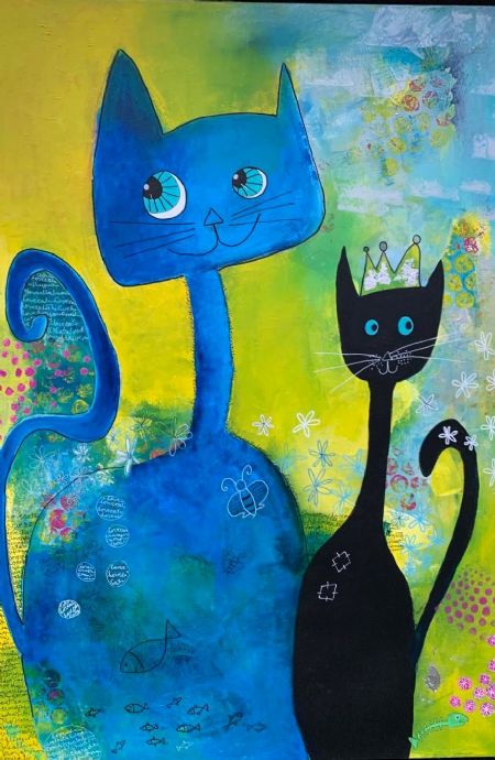 Akryl maleri 3 malerier af katte af Sidse Abel malet i 2021