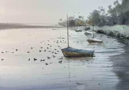 Akvarel maleri Bådene af Eugenia Melamud malet i 2022