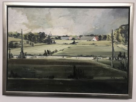 Olie maleri Landskab med gårde af Knud Daugaard malet i 1975
