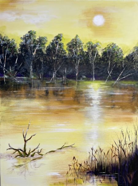 Akryl maleri Stille sø af Vibeke Findshøj malet i 2022