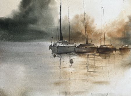 Akvarel maleri Bådene af Eugenia Melamud malet i 2022