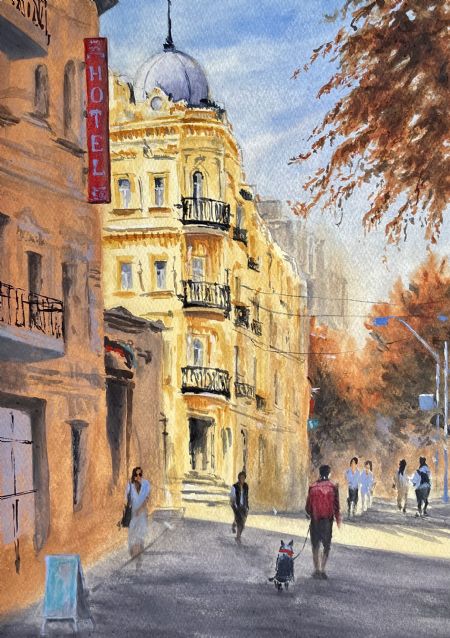 Akvarel maleri En solrig dag af Galina Landbo malet i 
