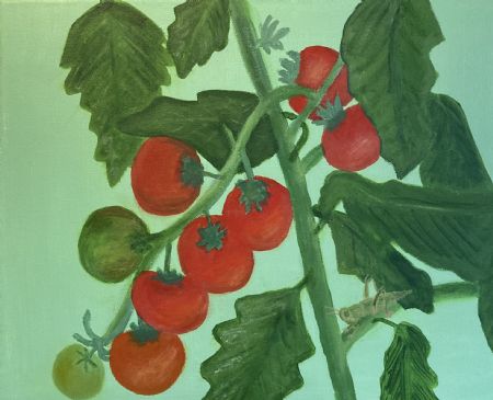 Akryl maleri Tomater på stilk af Marianne Nymann Jensen malet i 2022