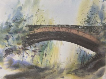 Akvarel maleri Broen i skoven af Eugenia Melamud malet i 2022