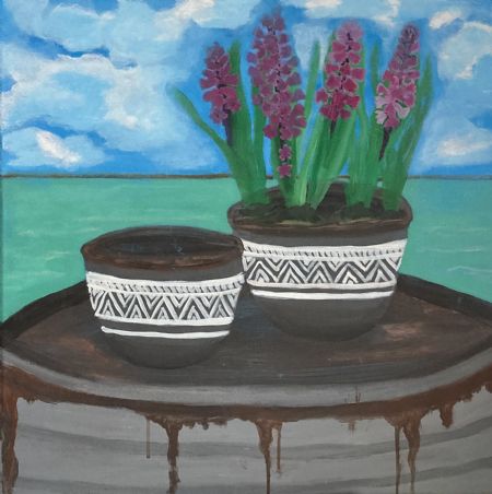 Akryl maleri Potte med hyacinter af Marianne Nymann Jensen malet i 2022