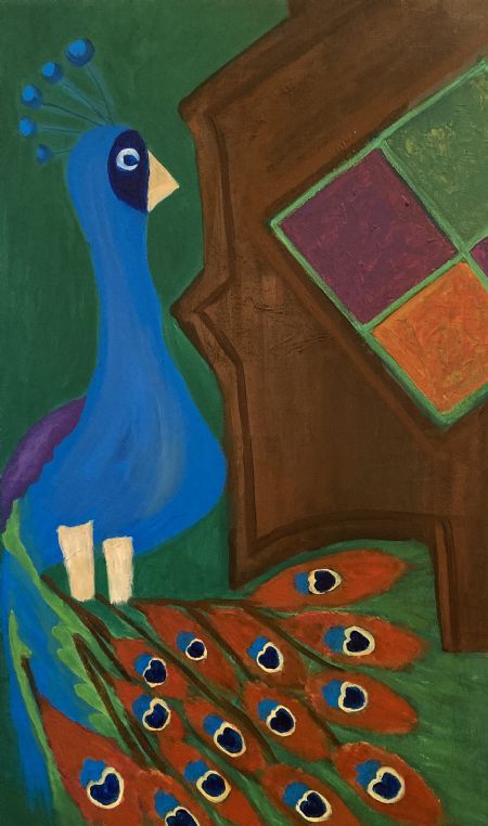 Akryl maleri Påfuglen af Marianne Nymann Jensen malet i 2021