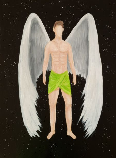 Olie maleri Grøn mandlig engel af Christina Lind malet i 2021