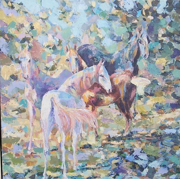 Akryl maleri Heste i løvfald af Marie Færch malet i 