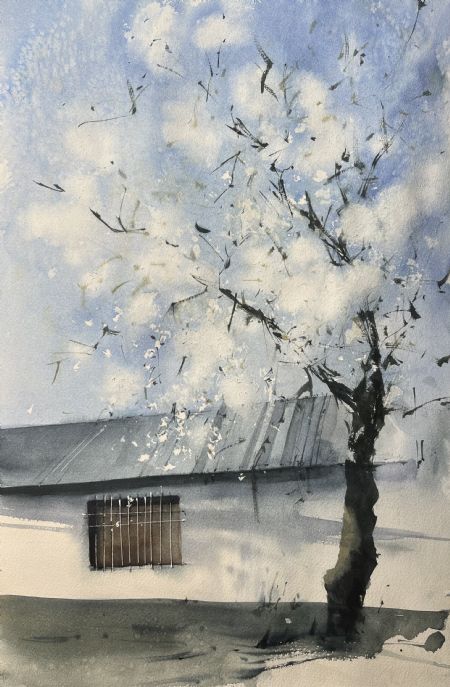 Akvarel maleri Æbletræet af Eugenia Melamud malet i 2022