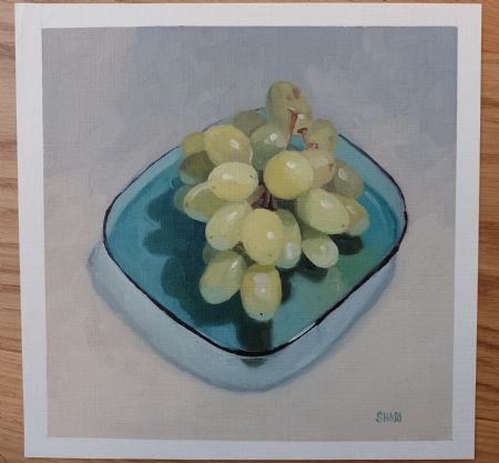 Olie maleri Green Grapes on Blue Plate af Shari Vogl malet i 2021