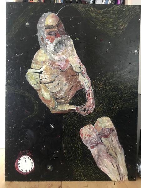  maleri Mand flyder i evighed af Lone Lopez Andersen malet i 2017