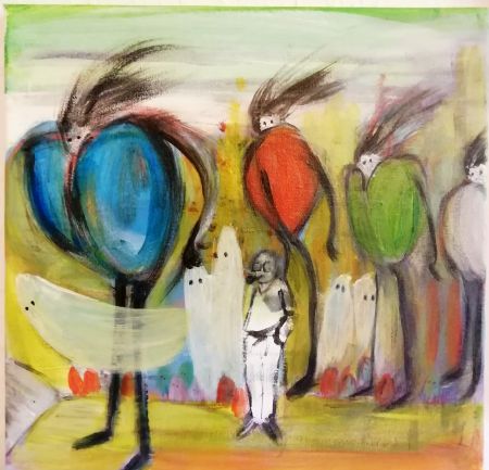Akryl maleri Kaj og spøgelserne af Susan Nørgaard Andersen malet i 2022