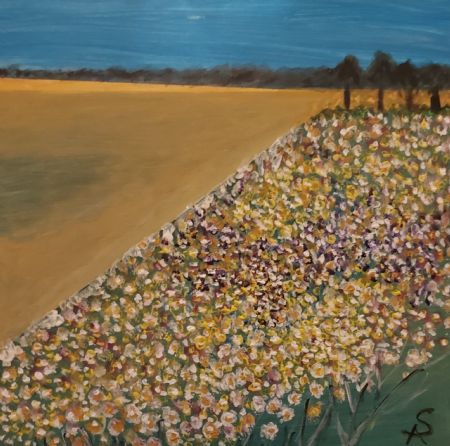 Akryl maleri Blomstermark af Sadedin Asanovski malet i 2022