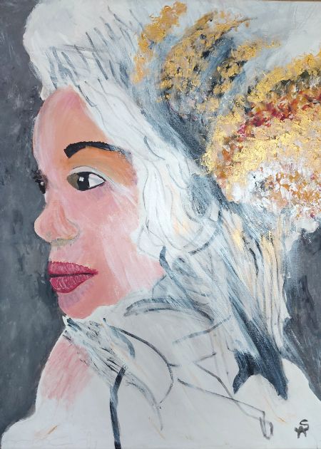 Akryl maleri Dame med gylden hår af Sadedin Asanovski malet i 2022