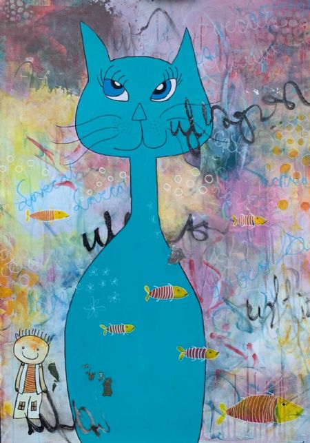 Akryl maleri Le cat af Sidse Abel malet i 2022