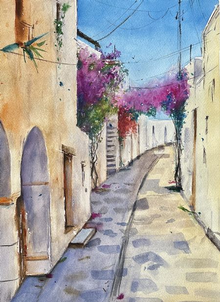Akvarel maleri En by ved Middelhavet af Galina Landbo malet i 