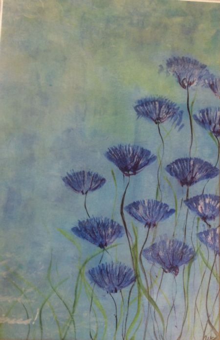 Akryl maleri Blå kornblomster af Winnie Huniche malet i 