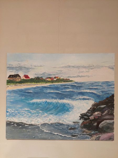 Akryl maleri Kyst by set for havet af JKJ Jørgensen malet i 2022