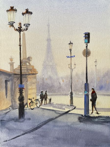 Akvarel maleri En morgen in Paris af Galina Landbo malet i 