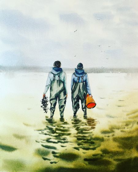 Akvarel maleri På jagt efter muslinger af Eugenia Melamud malet i 2022
