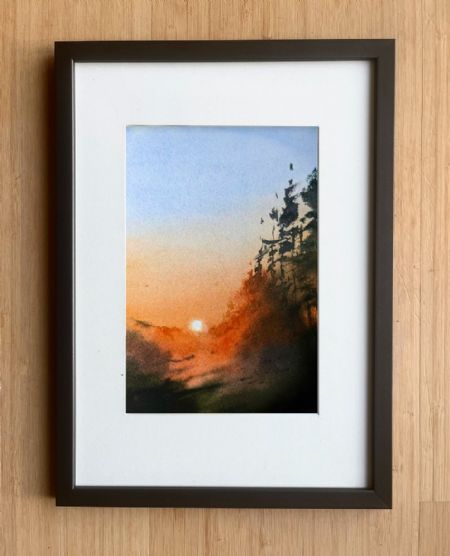 Akvarel maleri Skoven ved solnedgang af Eugenia Melamud malet i 2022