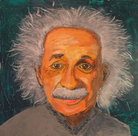 Akryl maleri Albert Einstein af Finn Blaavand malet i 2023