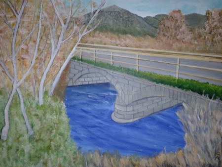 Akryl maleri Broen over floden Golema reka af Sadedin Asanovski malet i 2023