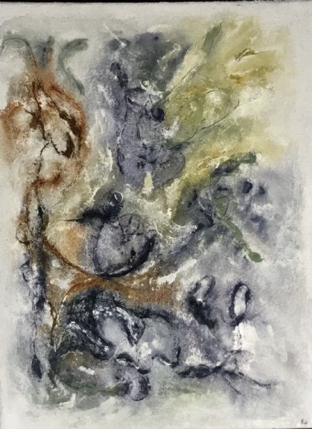 Akryl maleri Abstrakt. Lillebjørn i skoven af Esther Hauge malet i 2004