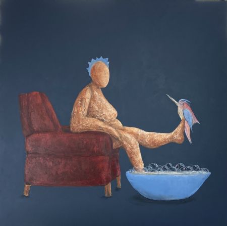 Akryl maleri Lille fugl på neglen dér af Jonna Stenvad malet i 2022