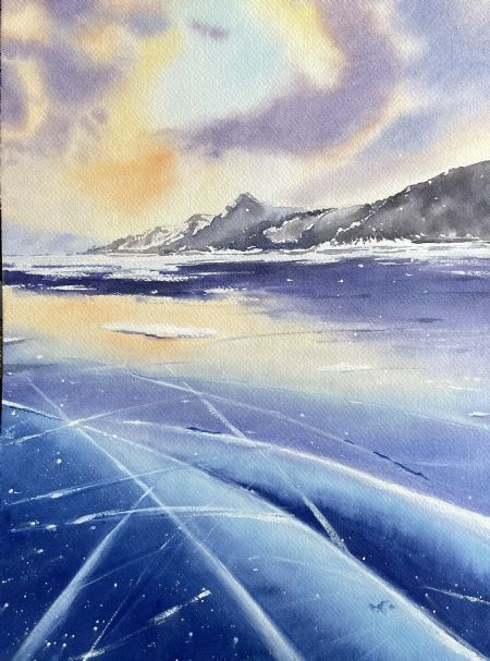 Akvarel maleri Is på fjorden 2 af Galina Landbo malet i 
