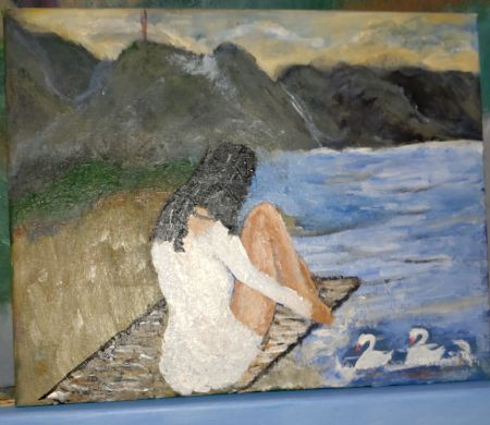 Akryl maleri Sø og bjerge to af Sadedin Asanovski malet i 2023