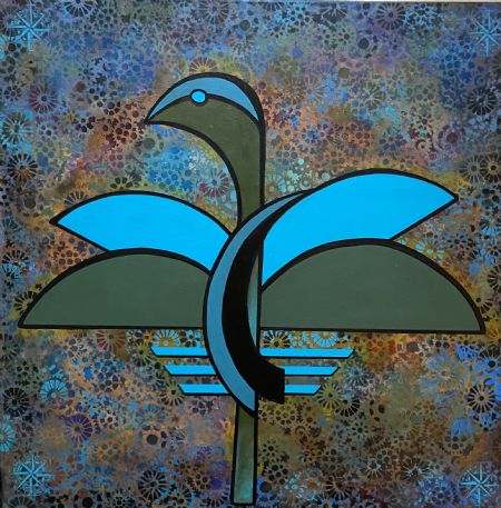 Akryl maleri Blå taco-fugl af Annette Mahoney malet i 2022