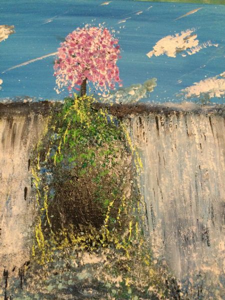 Akryl maleri Vandfald m lille ø af Mette pedersen malet i 2023
