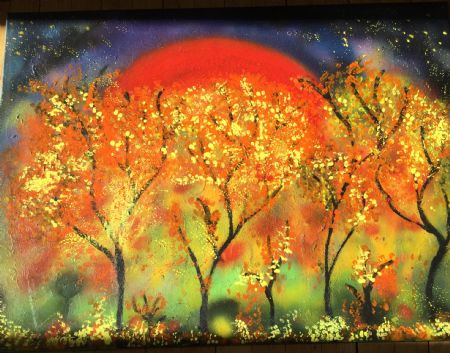 Blandede medier maleri Efterårsaften solnedgang af Mette pedersen malet i 2019