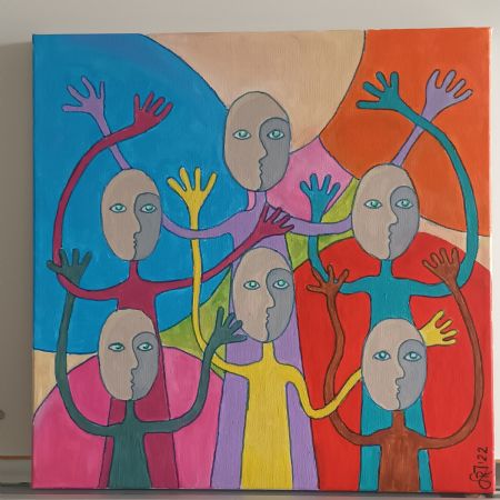 Akryl maleri 6 anonyme men farverige af Louise Rahbek Jensen malet i 2022