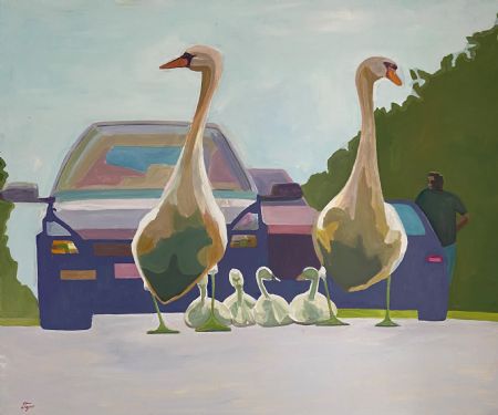 Olie maleri Trafik i svanetempo af Tym Andersen malet i 2019