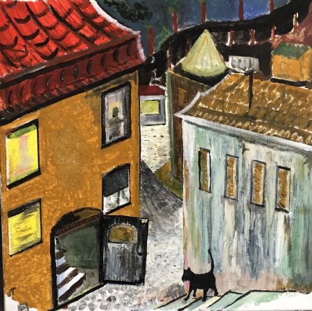 Akryl maleri Boring beige town gets saved by black cat af Alex Zichau malet i 2019