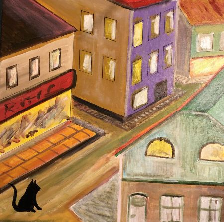 Akryl maleri Beige town about to be saved by black cat af Alex Zichau Hertz malet i 2023