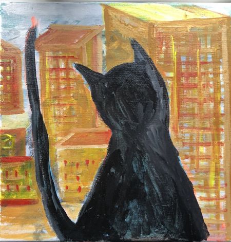Akryl maleri Black cat in town af Alex Zichau Hertz malet i 2023